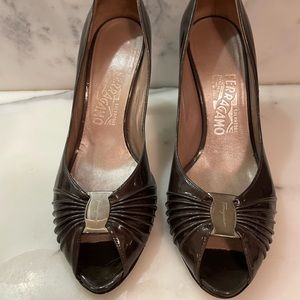 Ferragamo dark grey patent peep toe pumps - very good condition